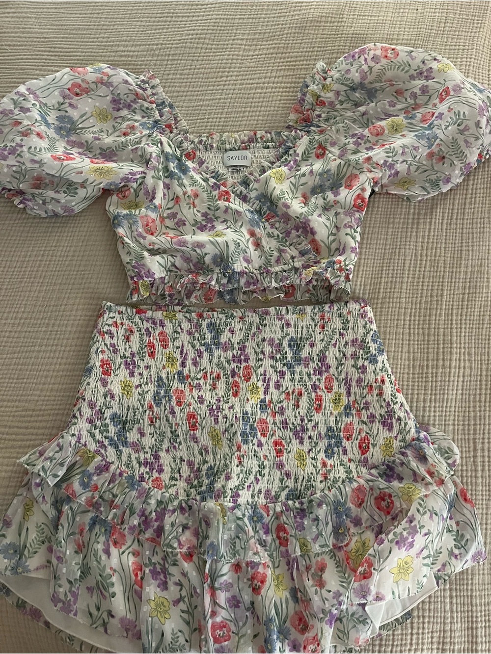 Saylor Floral Puff-Sleeve Two-Piece Dress Set in Multi Floral. M top L skirt